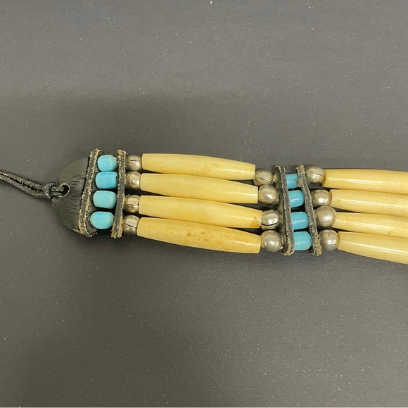 Vintage Native American Natural Bone Bead Tie Choker Leather Blue Bolero Unisex - Picture 8 of 9